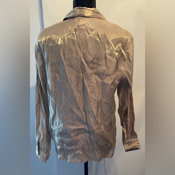 Vintage Script Beige Gold Button Up Crinkle Shirt Size 12 - Picture 4 of 11